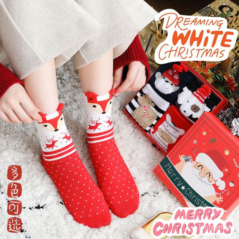Kaus kaki Natal hadiah wanita kotak kaus kaki merah Natal di pasang musim dingin Halloween siswa kar