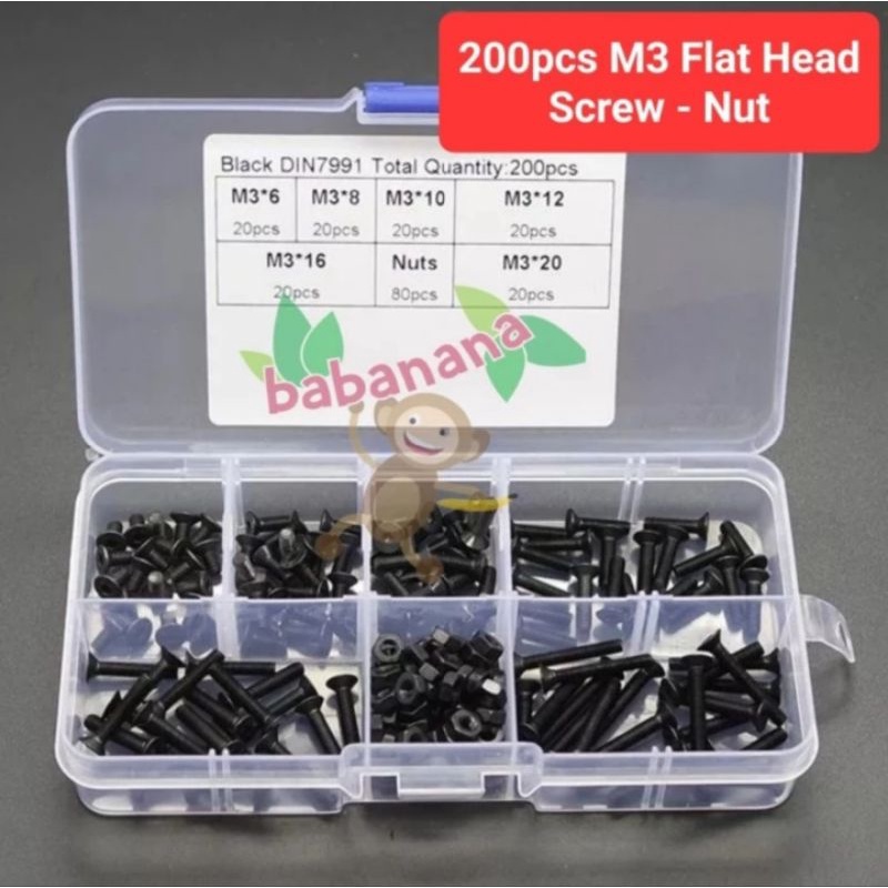 200pcs M3 head head hexagonal socket screw nut kit carbon steel baut