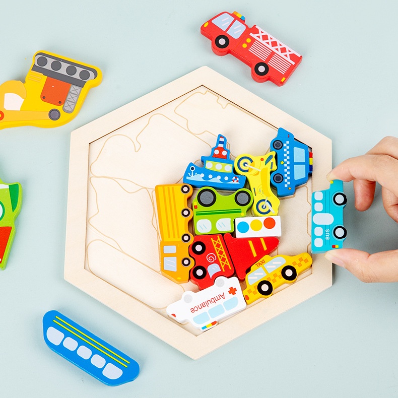 Hexagon Creative 3D Puzzle | Wooden Matching Building Blocks | Puzzel Tetris Balok Kayu Tebal Chunky Montessori Bentuk Hewan Binatang Dinosaurus Transportasi Kendaraan Buah Kartun Lucu Segi Enam Hexagonal Heksagonal | Mainan Edukatif Edukasi Anak Balita