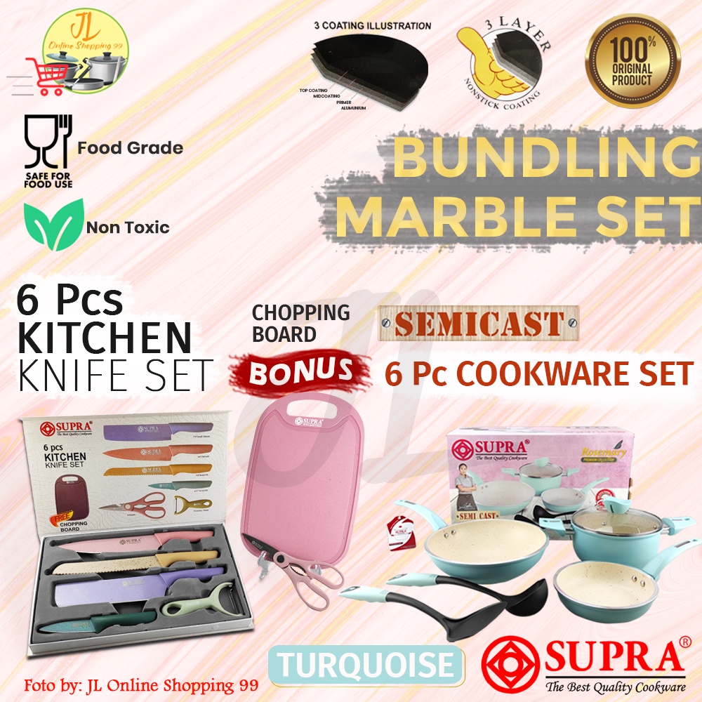 SUPRA 6pcs pastel white marble Turquoise + 6pcs knife set stainless + cutting board / panci set anti