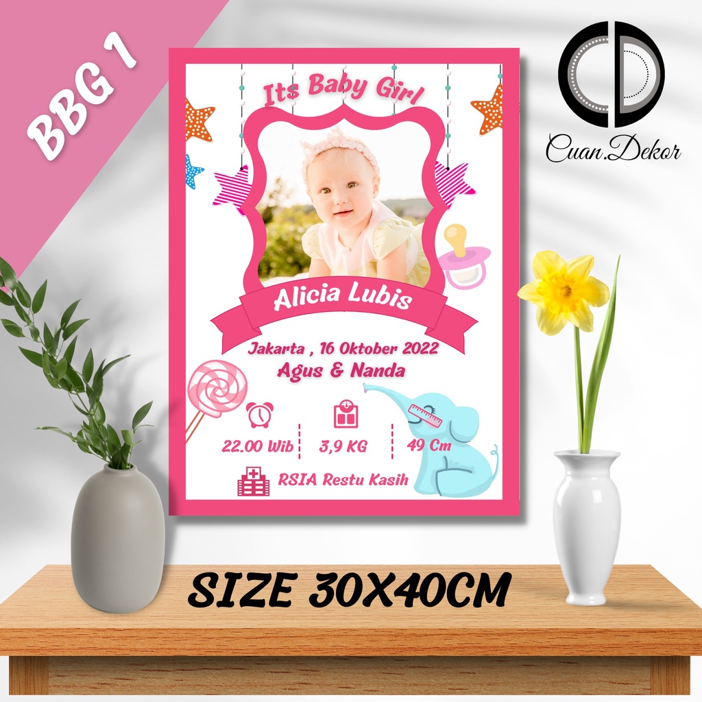 CETAK BIODATA BAYI UKURAN BESAR 30X40 - CETAK FOTO CUSTOM BIODATA BAYI PEREMPUAN PINK
