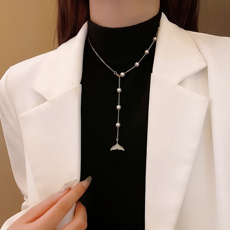 Kalung Choker Model Rumbai Panjang Aksen Mutiara Untuk Wanita
