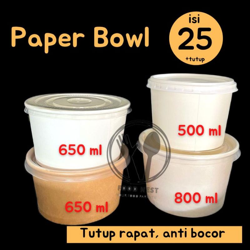 Jual PAPER BOWL 500ML PUTIH 800ML 650ML COKLAT + LID TUTUP 650ML