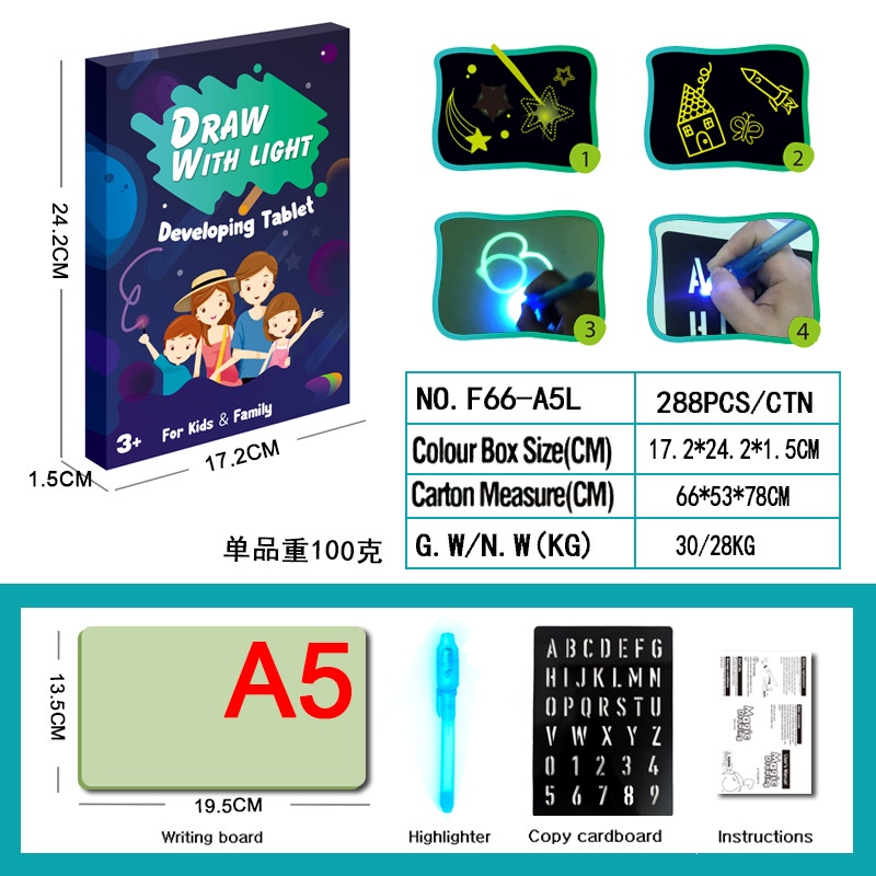 Anak Cahaya Gambar Pad Papan Luminescent Menyala Dalam Gelap Lukisan Mengembangkan Mainan Pendidikan-A5 Hadiah Gratis