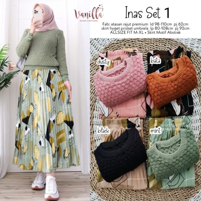 Setelan Rok Plisket dan Top Rajut Wanita by Vanilla - Inas Set 1