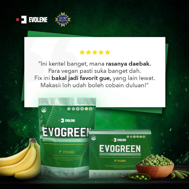 Evolene Evogreen  50 servings 50 sachet 1.6 kg Susu Whey Protein Vegan Vegetarian Plant Based Rasa Pisang