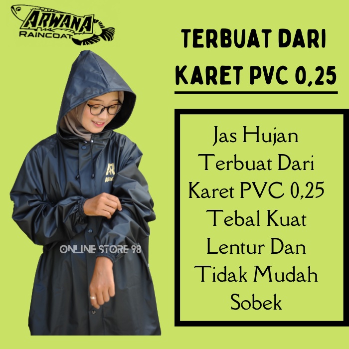 Jas Hujan Arwana Mantol Mantel pria dan Wanita Setelan Baju dan Celan Bahan Karet PVC Garansi Original