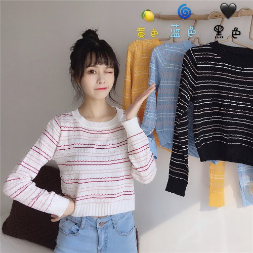 Crewneck Wanita Atasan Rajut Lengan Panjang Stripe Casueal Top Terbaru