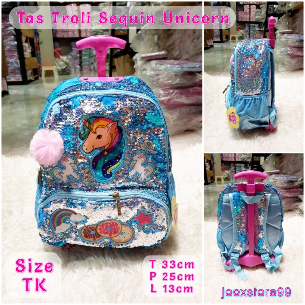 Tas Sekolah Troli Anak SD dan TK Motif Unicorn dan LOL Tas Trolley Dorong Sequin Usap Anak Perempuan Tas import