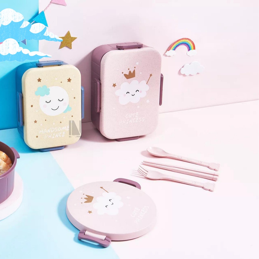 S22 Lunch Box Anak Cute Princess Motif Awan Bulan / Tempat Makan Sekat / Kotak Bekal / Bulat