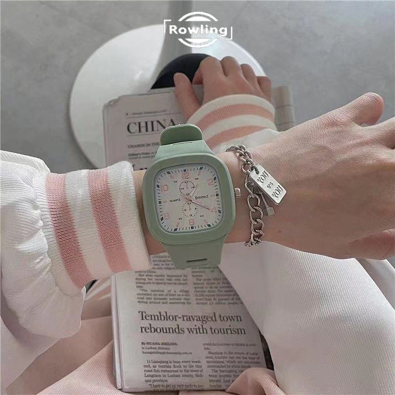 Rowling (Jam-70) Jam Tangan Rubber Quartz Kotak Besar Wanita Dan Pria Fashion Gaya Korea Unisex Import