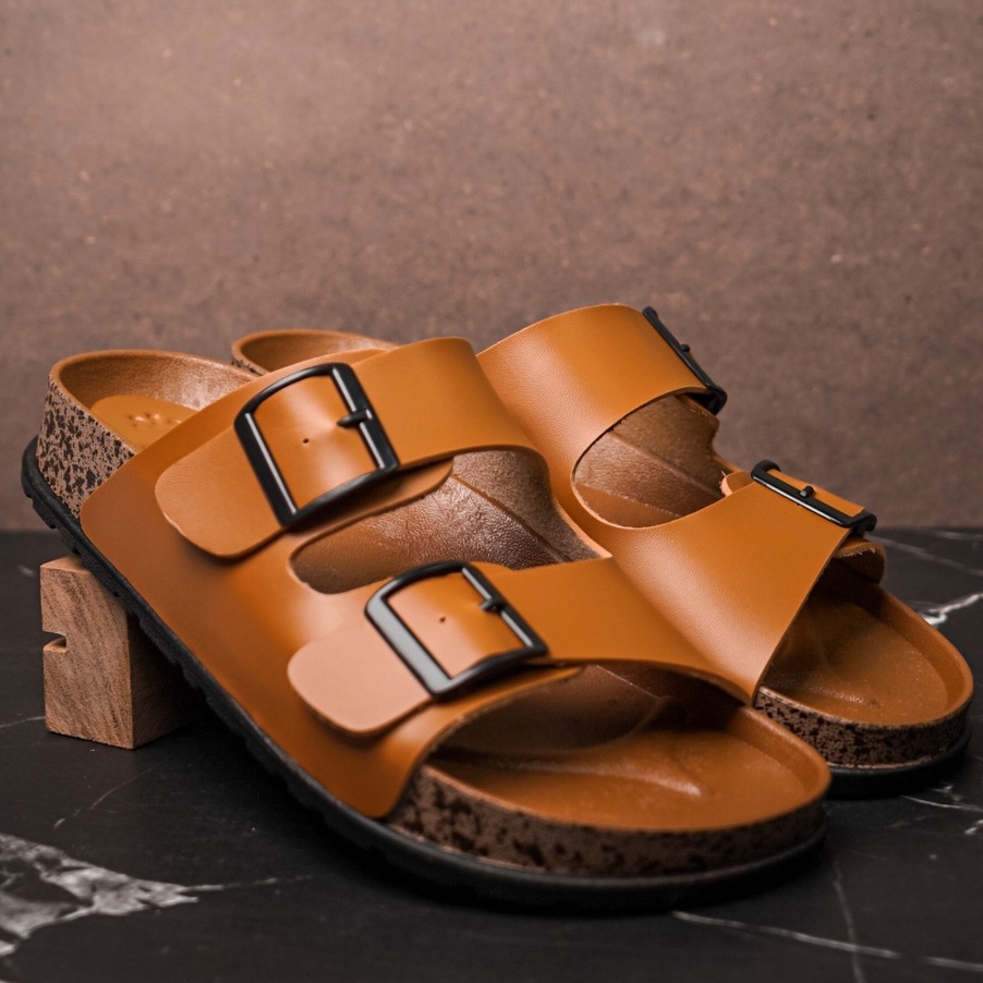SARASARA YUK - Sandal Pria Slop Casual Model Puyuh Birken BRODY BRAVO Sendal Laki laki Selop Gesper dua 2 Kasual Sol Kulit Rumahan Size Ukuran 38 39 40 41 42 43 Ori Original SARA SARA Cowok Warna Black Hitam Terbaru Premium Mall Official Store