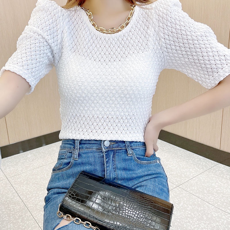 【Blossom】Sleeve Tops Crewneck Shirt Soft Lightweight Knit Blouse 7159