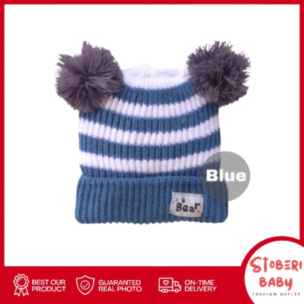 stoberi baby - Kupluk O SALUR BEAR Bayi Polos Model Salur Laki Laki Perempuan New Born Usia 0-3 Tahun