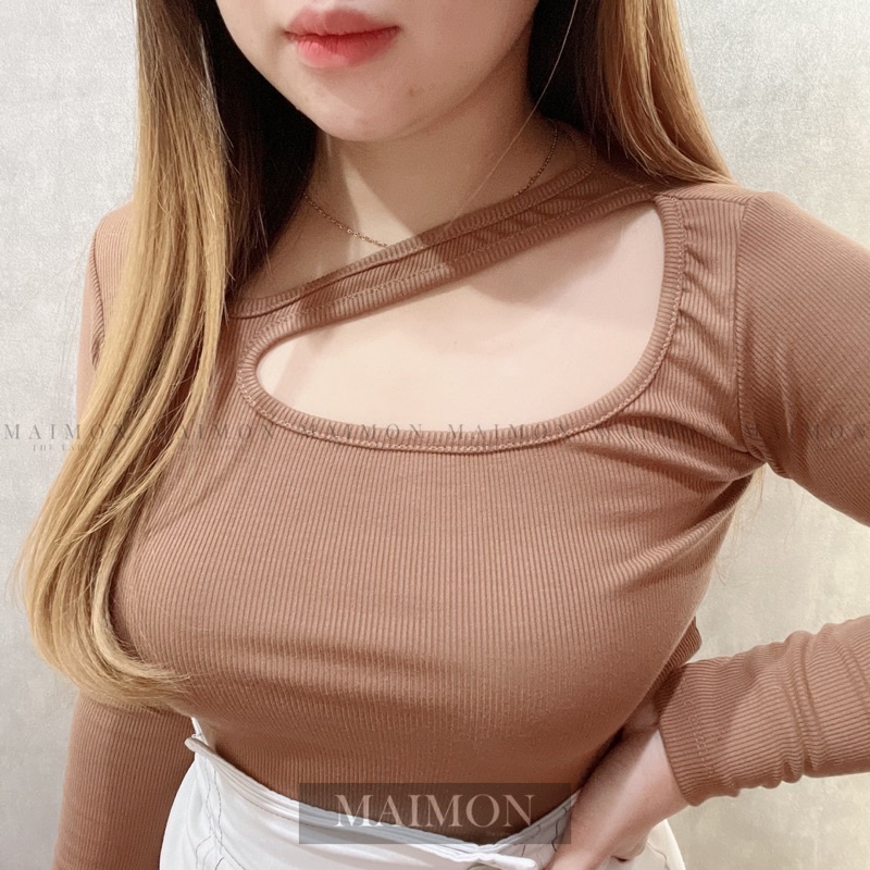 Long Sleeve Rib Fitted Asymmetric Cut Out Top | Atasan Lengan Panjang Korean Fashion | Maimon Grosir