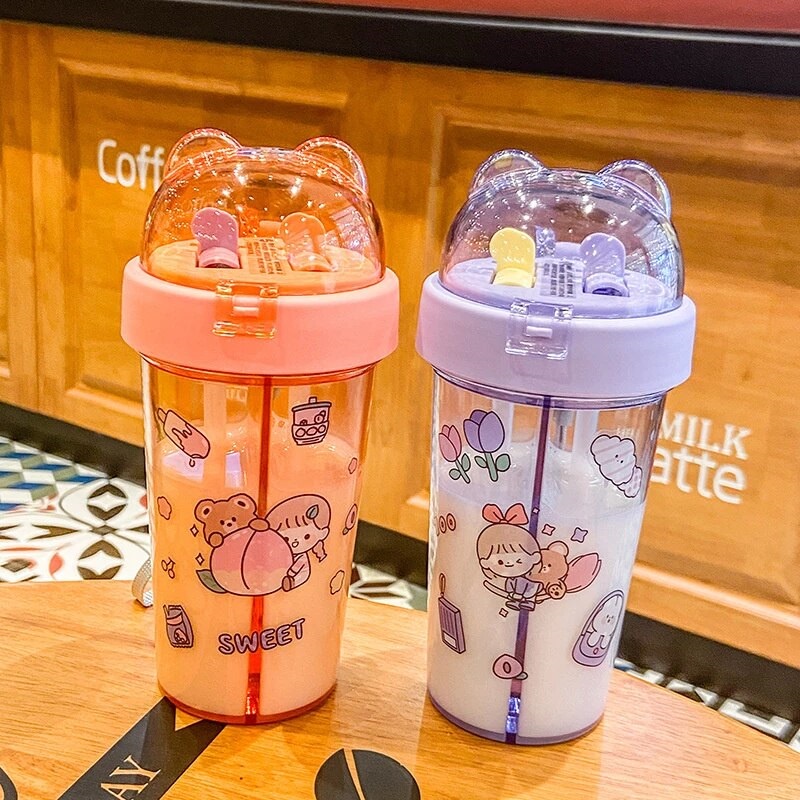 BOTOL MINUM ANAK/COUPLE 2 SISI KEPALA BERUANG 420ML BPA FREE (INCLUDE SEDOTAN DAN STIKER LUCU)