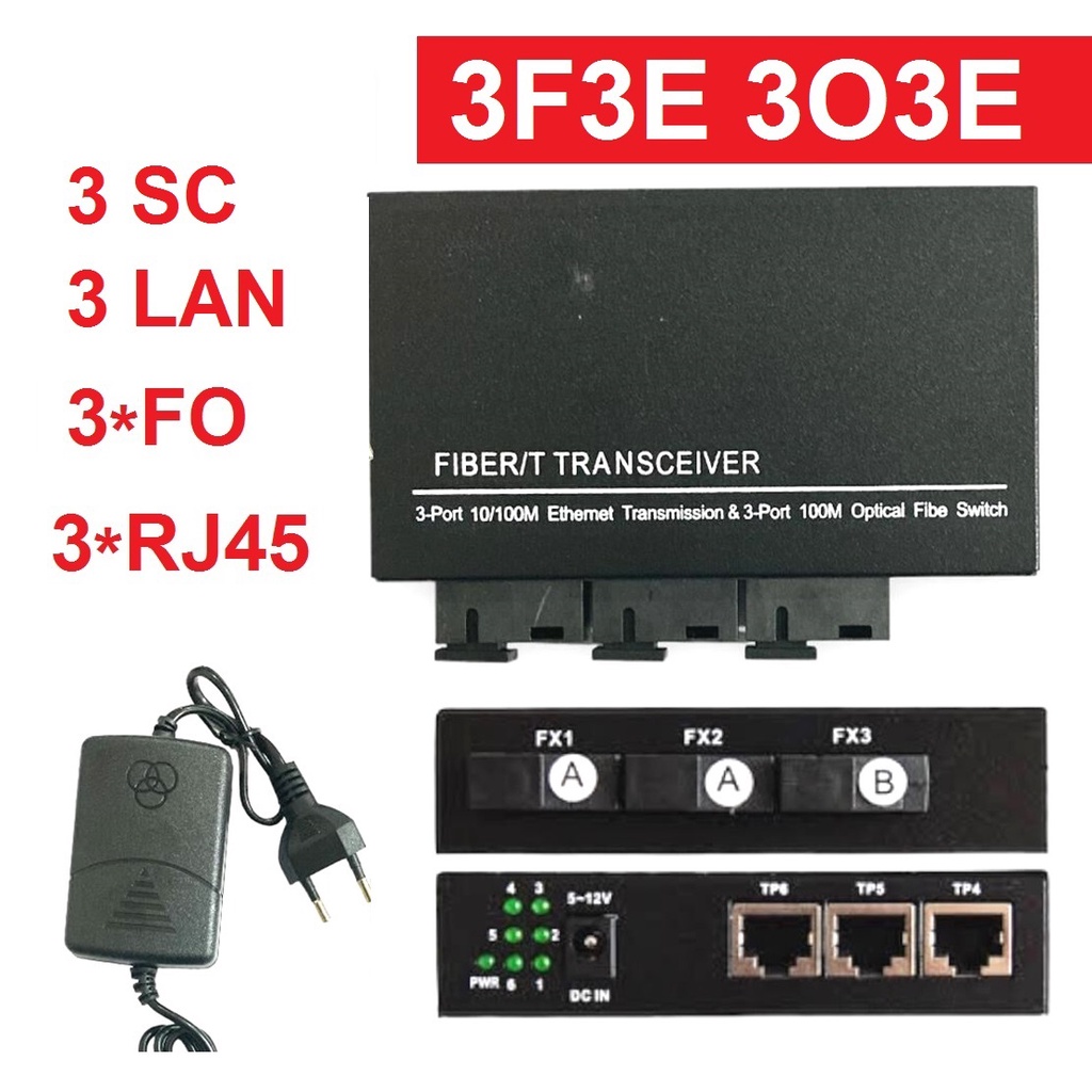 Media Converter Fiber Ethernet Switch 3F3E Optik 3 SC 3 RJ45 Fiber Transceiver 3O3E dengan Adapter