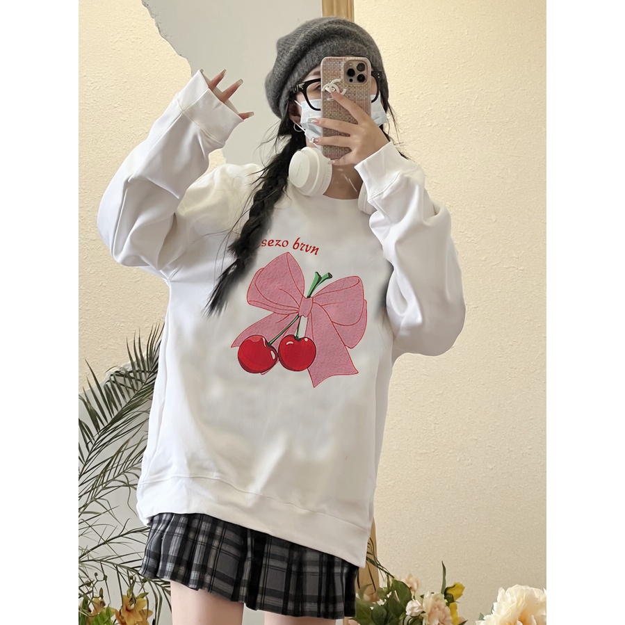 EUNII Sweater Lengan Panjang Cherry Bow Korean Style/Hoodie Oversize/Baju Wanita/Switer Wanita