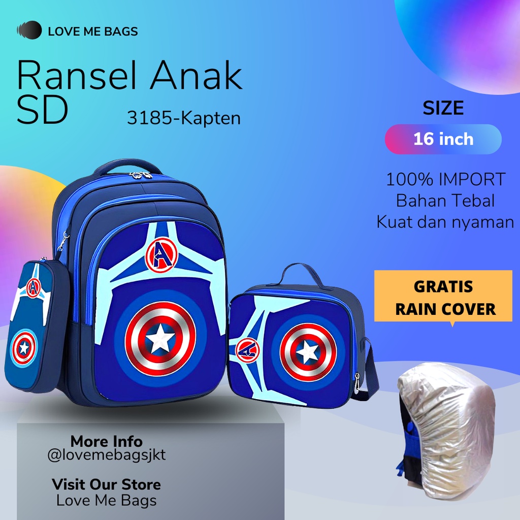 LMB Tas Sekolah Anak Laki Sd Import Set 3 Karakter Superhero Bagian Depan Timbul 6D Bahan Nilon Premium Kuat Dan Tebal