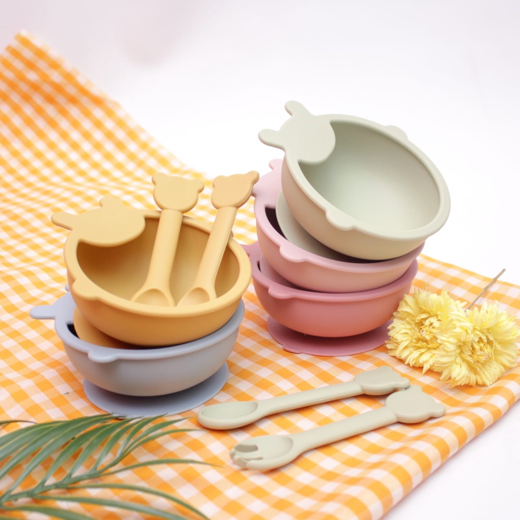 NIA BABY FEEDING SILICONE BOWL SUCTION - SET MANGKOK MAKAN BAYI DAN SENDOK GARPU BAHAN SILIKON