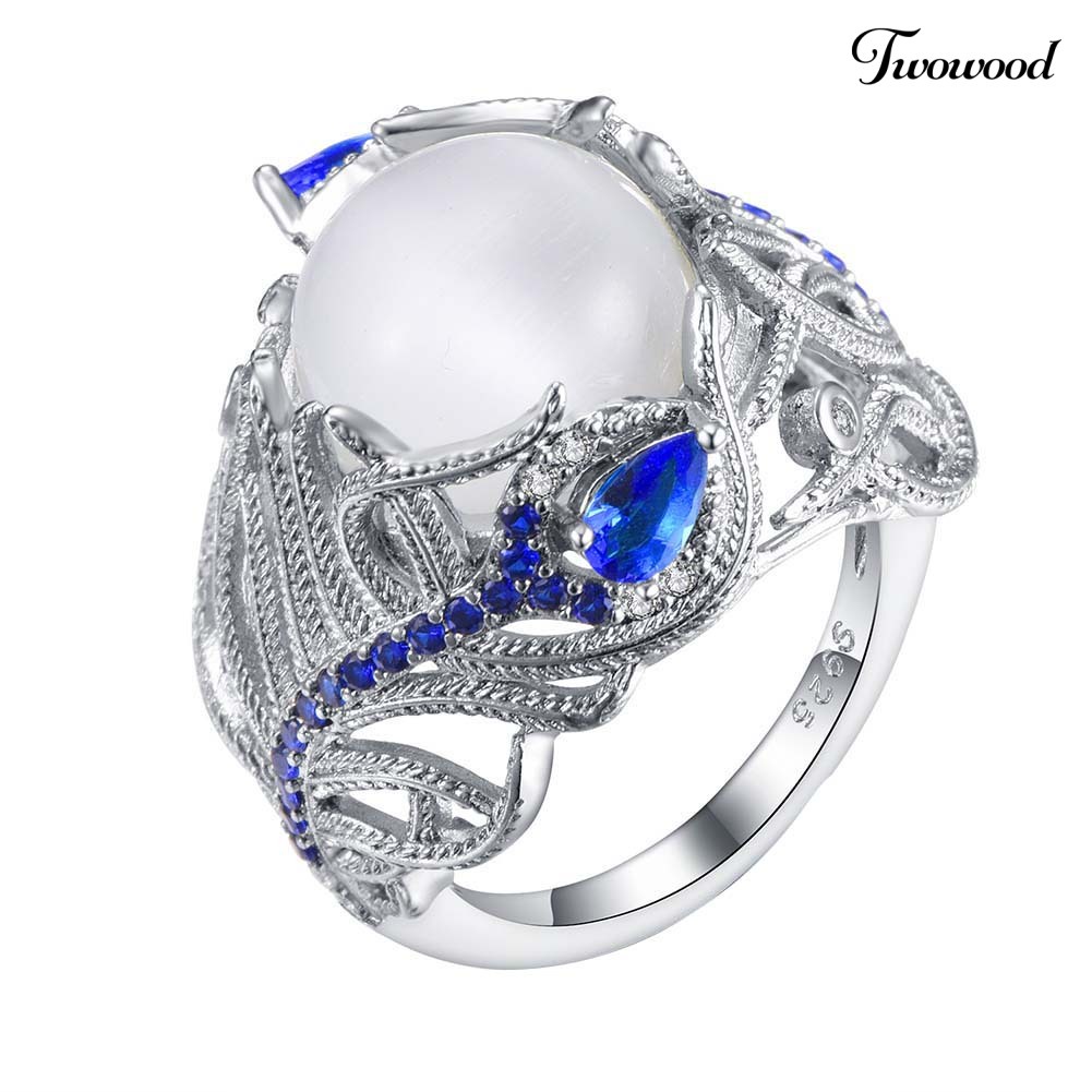 Cincin Jari Bentuk Bulu Merak Aksen Opal Sapphire Imitasi Untuk Wanita