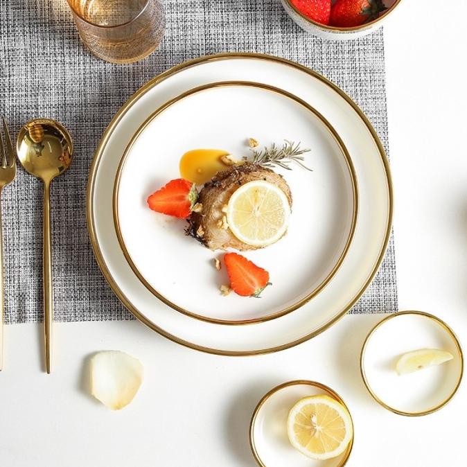 Jw Piring Keramik Putih List Gold/ Piring Emas Keramik Putih/ Mangkuk Fellixaa