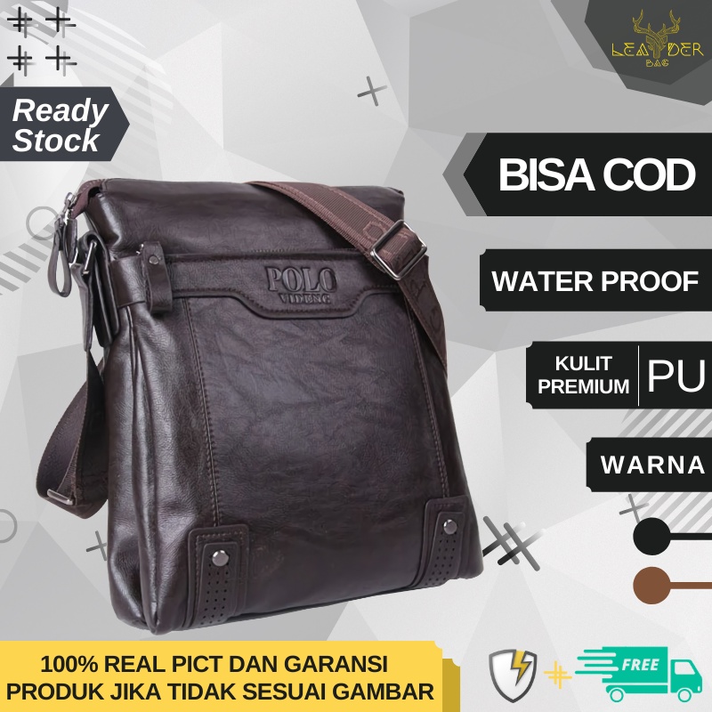 Tas Selempang Kulit Pria Model Terbaru POLO VIDENG Warna Hitam Dan Coklat Atau Tas Kulit Cowok Impor