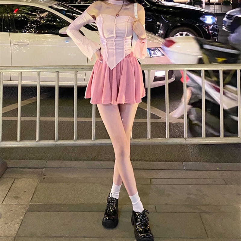 Suhao One-Piece/Jas Musim Panas Baru Niche Slim Seksi Lengan Panjang Halter T-shirt Atasan + Setengah Panjang Celana Pendek Rok Wanita