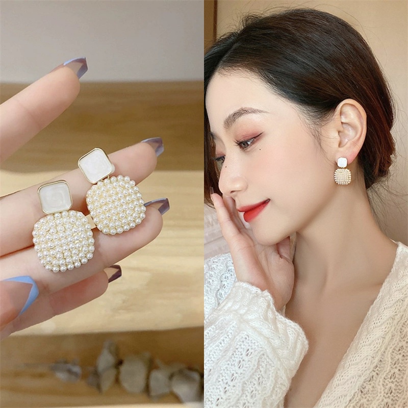 Anting Mutiara Bentuk Kotak Geometris Gaya Korea