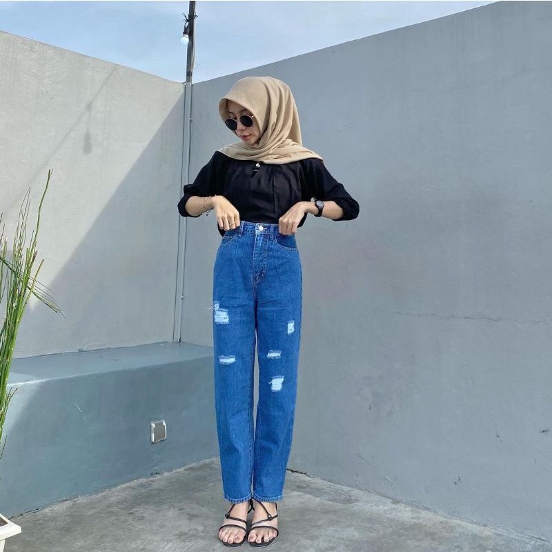 YAOSHI- Celana Jeans Wanita Pinggang Tinggi Devira Boyfie Loose Devira Premium