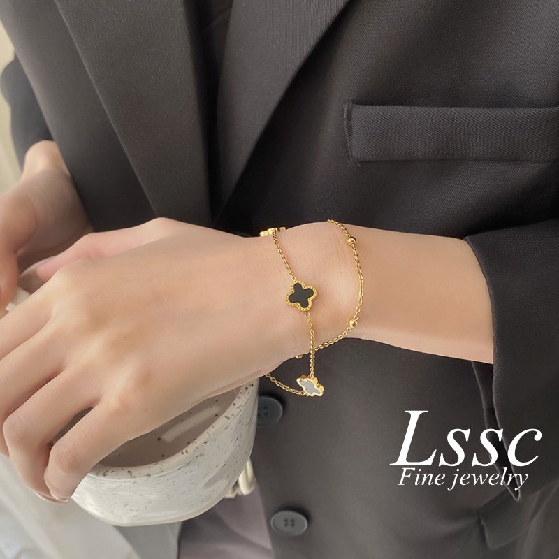 Gelang Titanium 2 Layer Wanita Anti Karat Bunga Semanggi Keberuntungan Emas 18K Fashion Korea Aksesoris