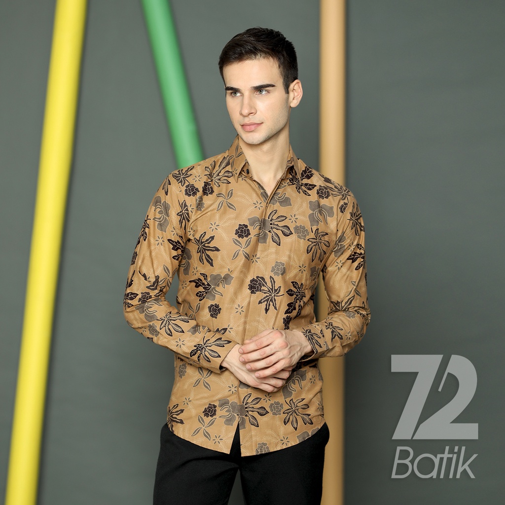 KEMEJA BATIK PRIA Lengan Panjang Premium Motif Daun Pepaya Coklat Choklat Cokelat 723129 Cap 72 - Baju Kemeja Atasan Pakaian Setelan Batik Pria Cowok Laki Laki Remaja Keluarga Kantor Lengan Panjang Modern Slimfit Slim Fit Premium Kekinian