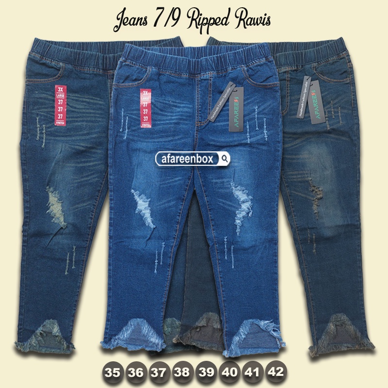AFAREEN - Celana Jeans Wanita 7/9 Ripped Rawis Legging Jeans Jumbo Pinggang Karet Stretch Melar 35-42