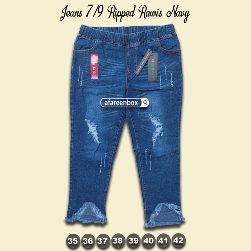 AFAREEN - Celana Jeans Wanita 7/9 Ripped Rawis Legging Jeans Jumbo Pinggang Karet Stretch Melar 35-42