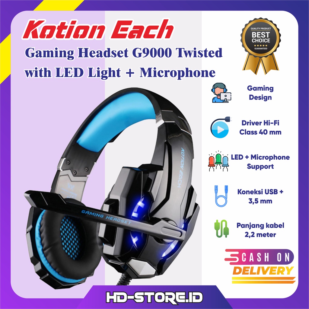 KOTION EACH Headset Gaming With Mic Headphone G9000 Premium Twisted Hedset Game LED Support Wired Ty