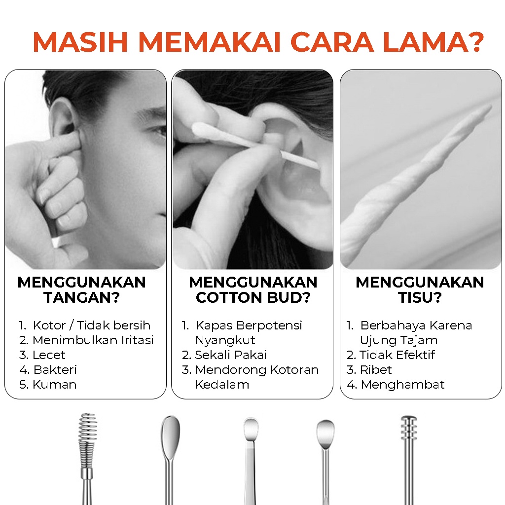 Korek Kuping Set Stainless Cotton Buds Pembersih Telinga 5 IN 1 Ear Wax Picker Ketembat Telinga Alat Perawatan Kuping aman | GROSIRXPRESS