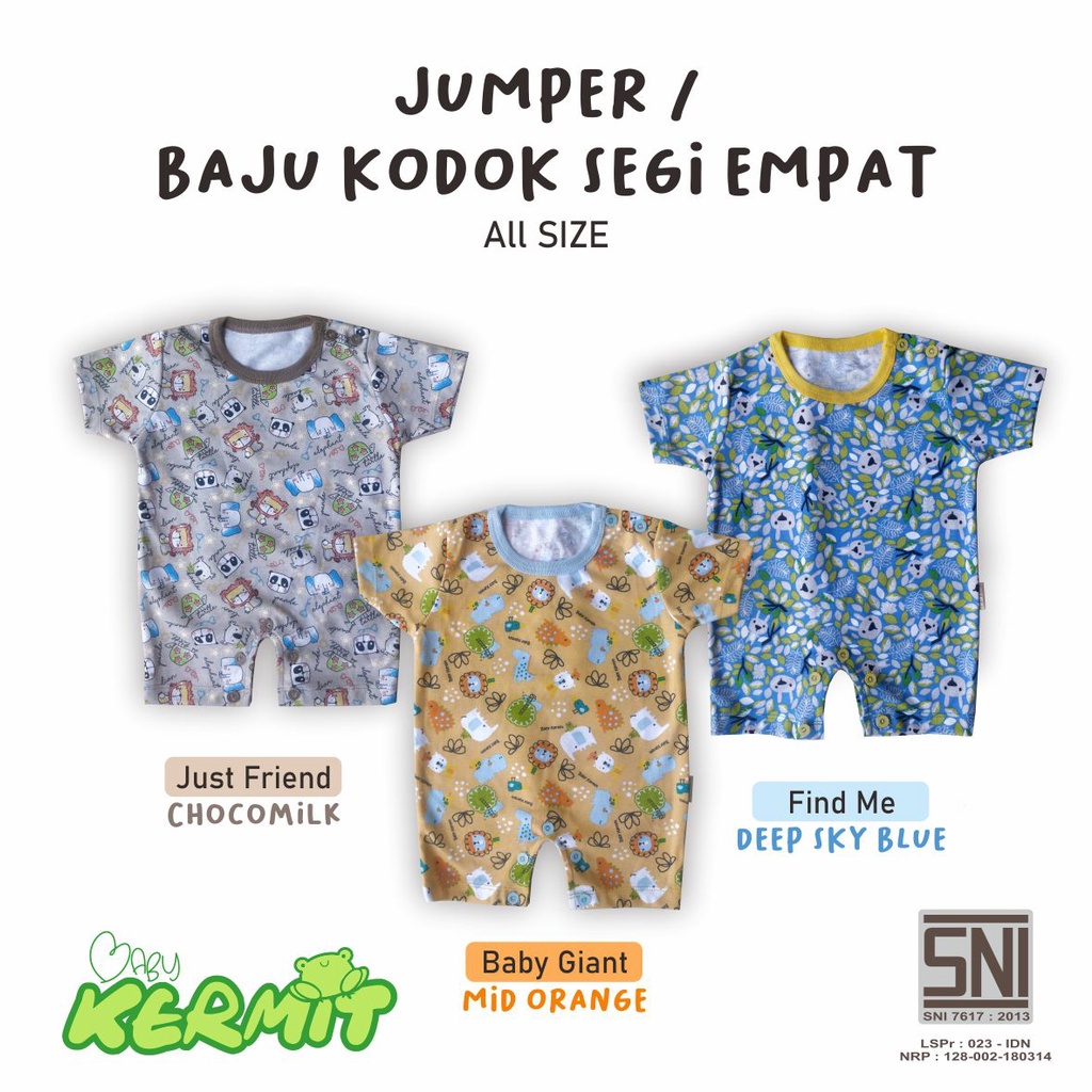 Baby Kermit - Jumper Baju Kodok Segiempat Bayi Laki Laki Perempuan Usia 0-9 Bulan Playsuit Baby Newb
