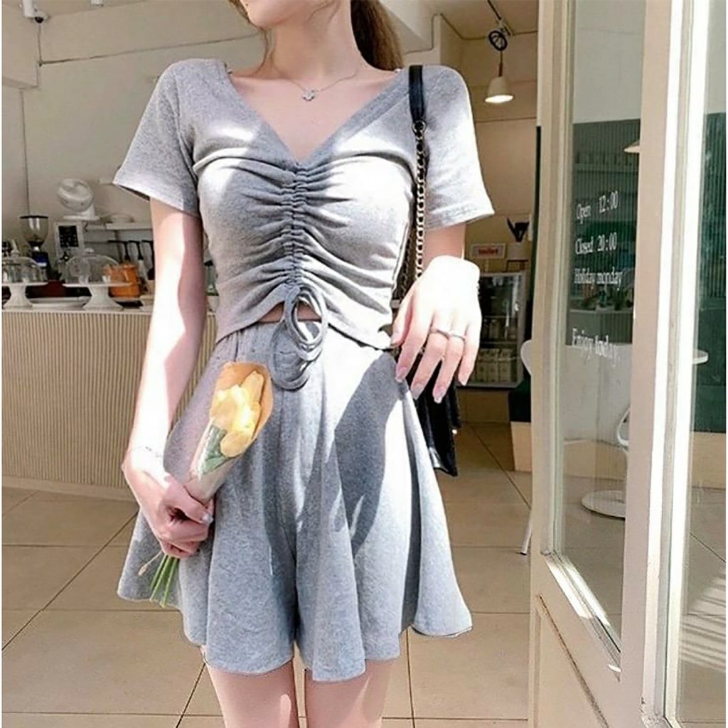 LNL - Set 2in1 Lauren Setelan Baju Dan Rok Atasan Kerah V  LD 100 CM PJ 42 CM PJ Rok 60 CM PREMIUM Q