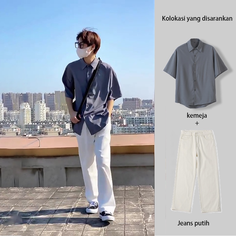 Kemeja Rayon Kasual kemeja oversize pria kemeja polos pria Kemeja KOREA STYLE Pria oversize kemeja abuabu pendek pria