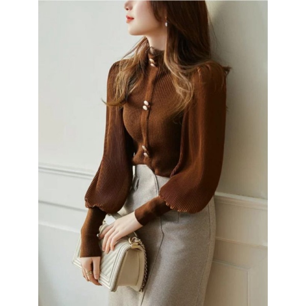 K1654 Atasan baju blus kemeja blouse blose lengan panjang tangan plisket balon Knit rajut KNITTED ka