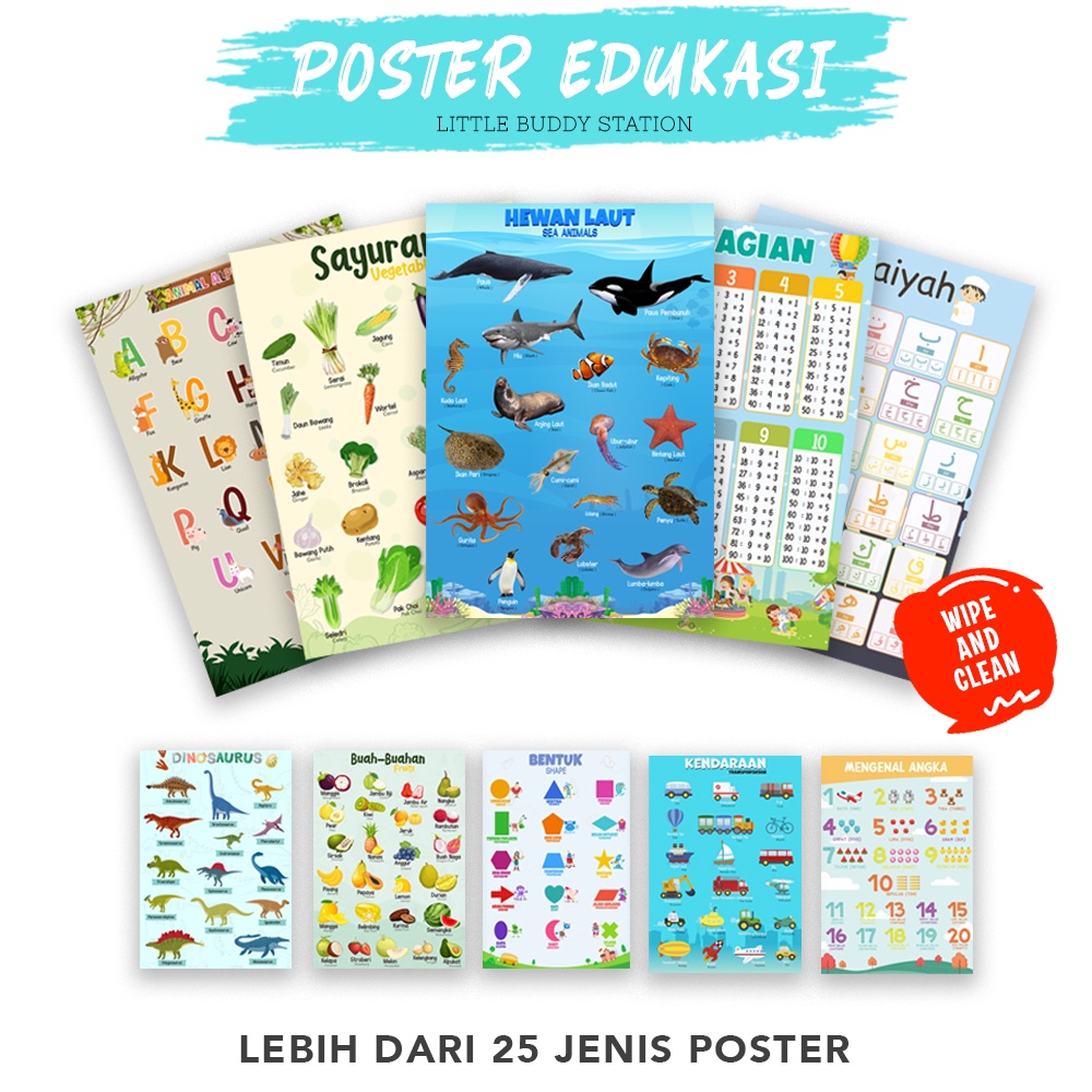 Little Buddy Station - Poster Gambar Edukasi Belajar Anak PAUD TK Balita Dinding Huruf Alphabet Alfa