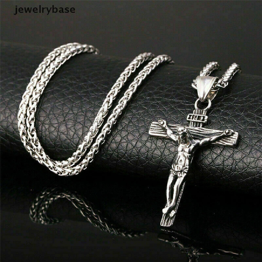 Kalung Rantai Liontin Salib Yesus Bahan Stainless Steel Warna Silver Untuk Pria