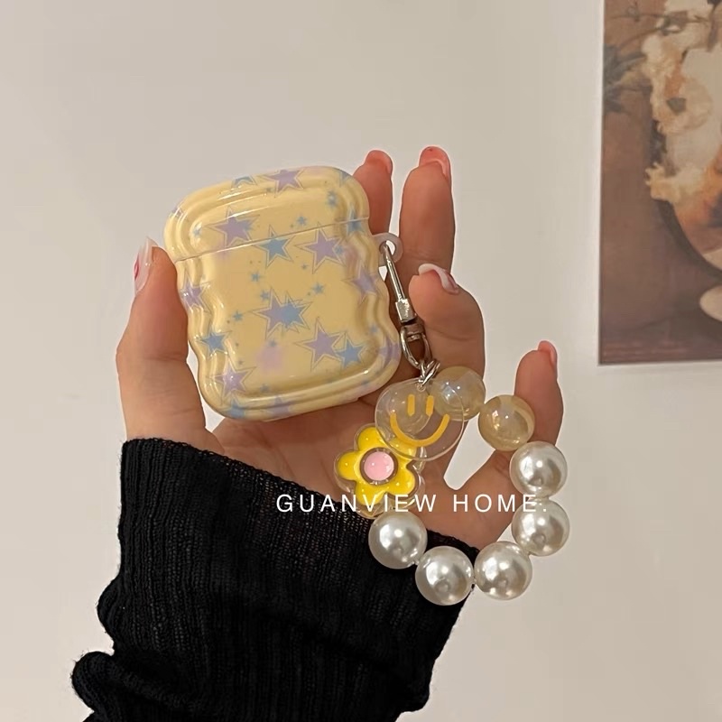 Pastel Yellow Star with Pearl Flower Chain Softcase for Airpods 1 2 Pro 3 Case Airpods Inpods TWS