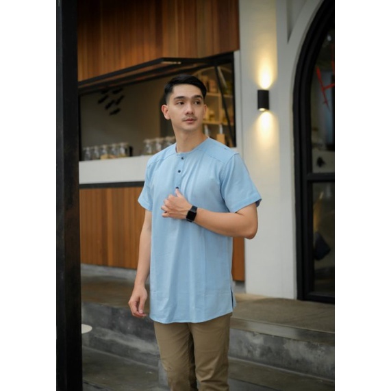 baju koko pria lengan pendek biru denim koko kurta pakistan lengan pendek biru