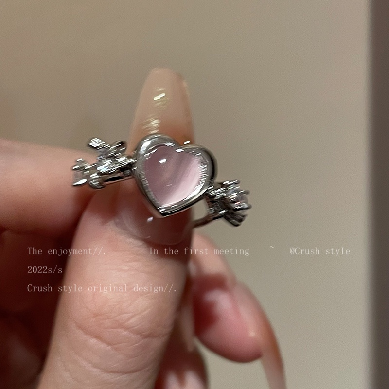 YEEZII Cincin Silver Model Terbuka Adjustable Desain Hati Hias Opal Pink Untuk Wanita