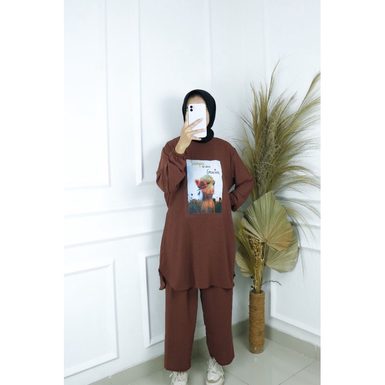 GRACIA SET DRESS BAHAN CRINKLE APLIKASI SABLON UKURAN M L XL XXL SETELAN WANITA TERBARU 2023 KEKINIAN JUMBO SETELAN WANITA FASHION MUSLIM ONE SET WANITA KOREAN STYLE BAWAHAN DAN ATASAN WANITA LENGAN PANJANG SET CRINKLE VIRAL