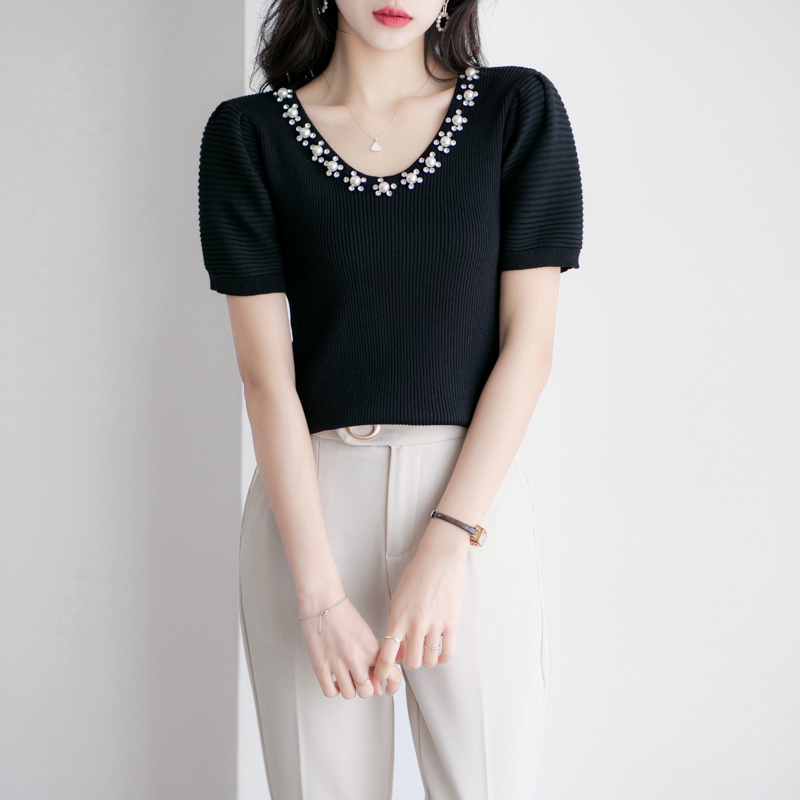 【Elegant】Korean Retro Soft Knit V Neck T-Shirt 2354