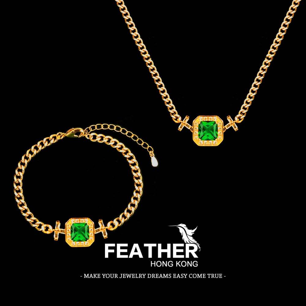 FEATHER HONGKONG - ( SET KALUNG GELANG EMERALD ) - Kalung Liontin Couple Wanita Necklace Couple  Wed