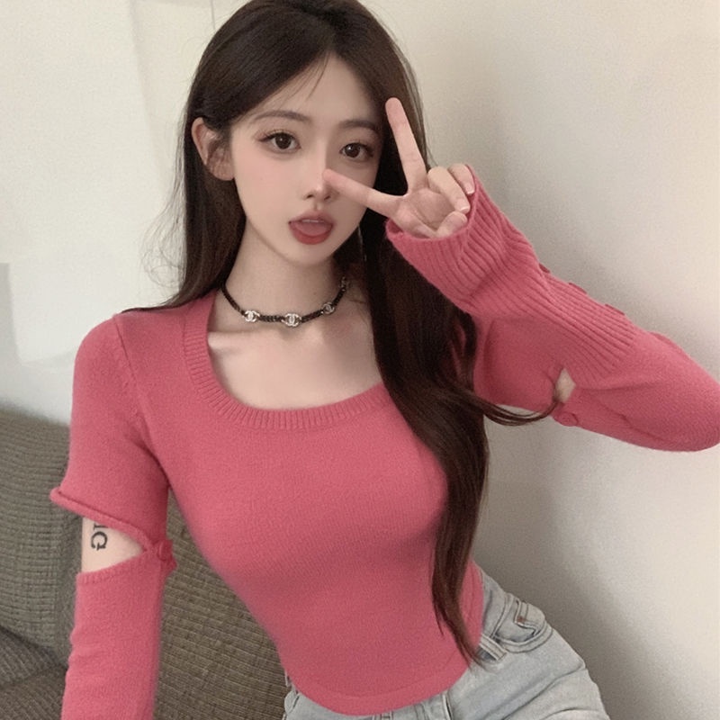 Red Musim Gugur dan Musim Dingin Baru Slim Pullover Jahitan Lengan Sweater Rajutan Atasan Pendek Retro Square Kerah Putih Bawahan Sweater Wanita