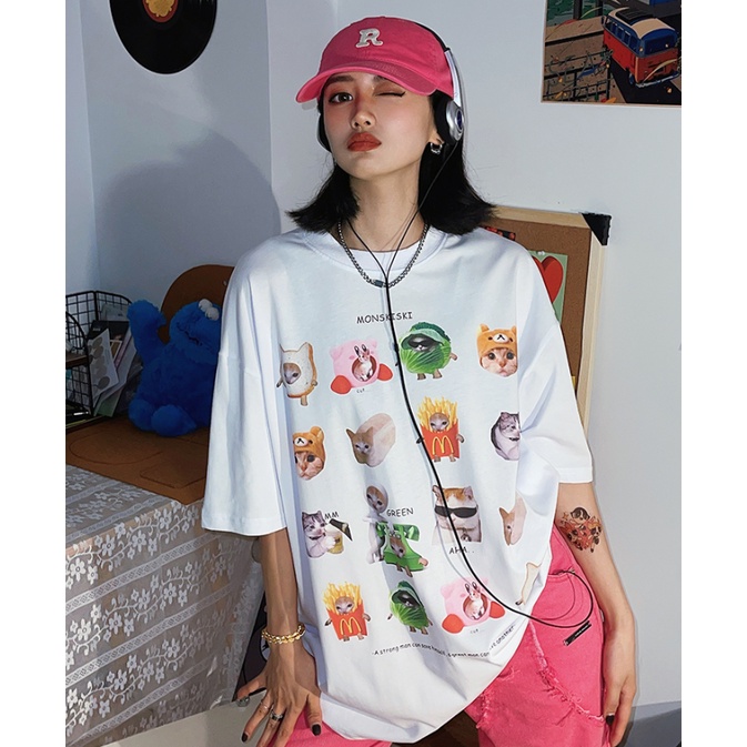 EUNII T-shirt Lengan Pendek Cute Cat Life Korean Style/Kaos Atasan Wanita/Baju Kaus Oversize Wanita